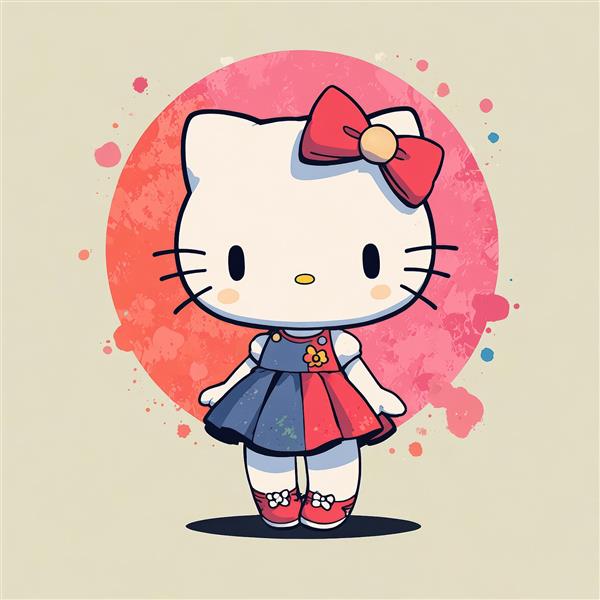 پوستر هلو کیتی با لباس فانتزی دو رنگ قرمز و آبی روی بک‌گراند آبرنگی شاد