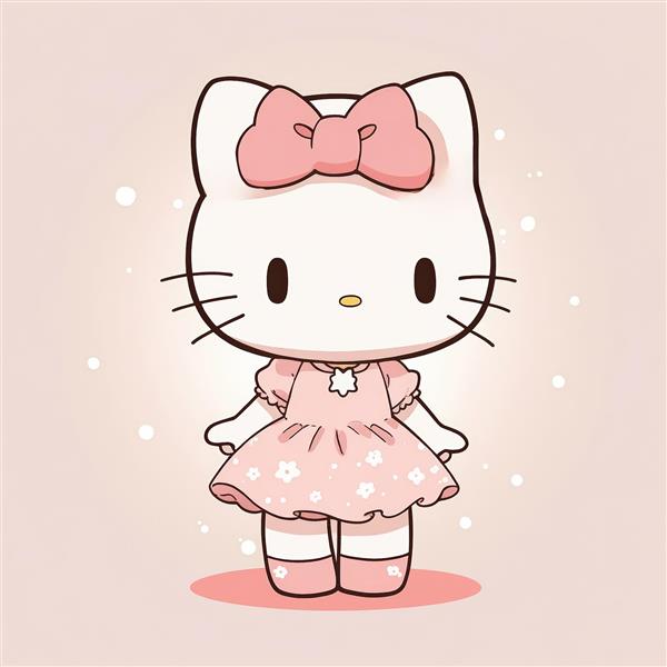 تصویر گرافیکی هلو کیتی با پیراهن صورتی گلدار و پاپیون بزرگ (مناسب چاپ تابلو)