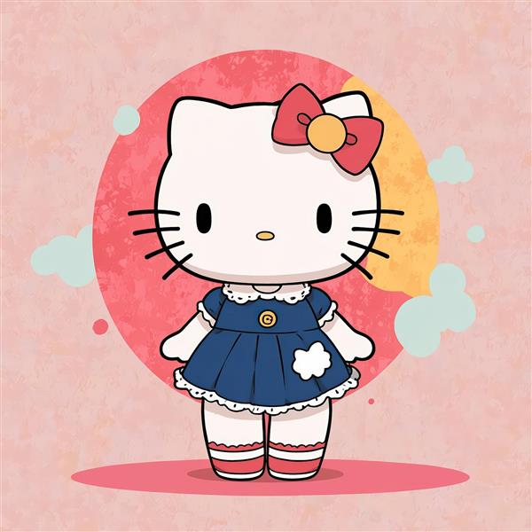 وکتور با کیفیت هلو کیتی با پیراهن سورمه‌ای و بک‌گراند آبرنگی صورتی و زرد