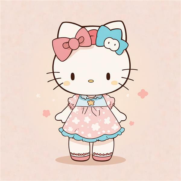 تصویر اورجینال هلو کیتی با لباس صورتی عروسکی و پاپیون آبی و صورتی
