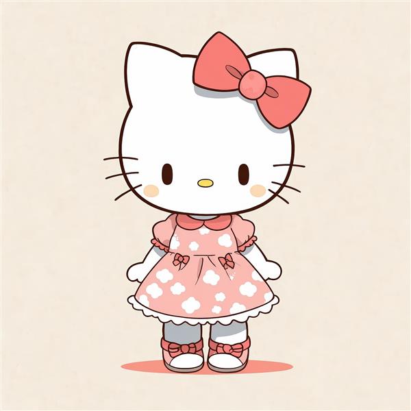 طرح زیبای هلو کیتی با پیراهن صورتی خال‌خالی ابر و پاپیون بزرگ