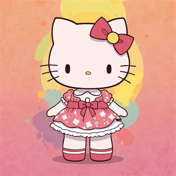وکتور اورجینال هلو کیتی با پیراهن ستاره‌دار صورتی و پاشش رنگ