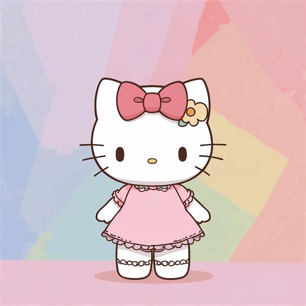 تصویر هلو کیتی مینیمال با لباس صورتی ساده در پس‌زمینه رنگارنگ آبستره