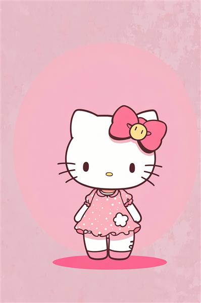 وکتور هلو کیتی با لباس خال‌خالی صورتی در بک‌گراند دایره‌ای ساده