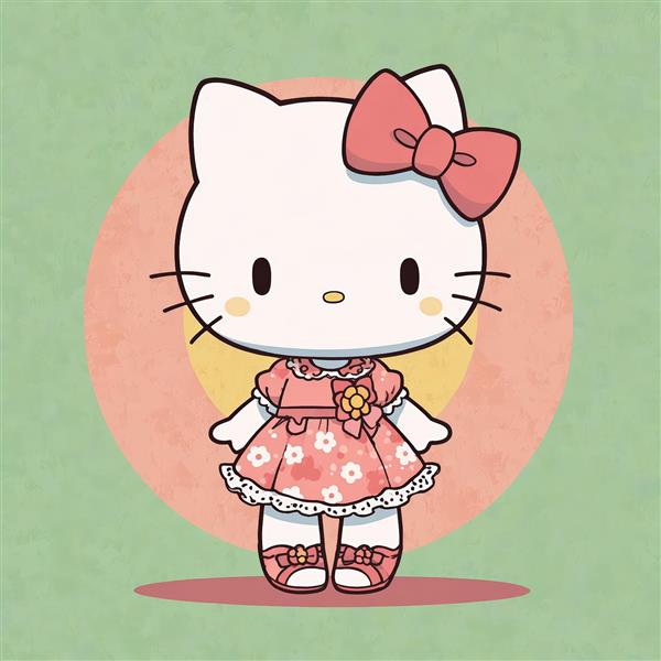 طرح گرافیکی هلو کیتی با پیراهن گل‌گلی صورتی و پس‌زمینه سبز و خورشید