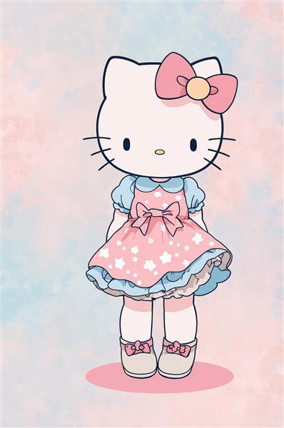 تصویر هلو کیتی با لباس صورتی ستاره‌دار و پس‌زمینه آبرنگی ملایم (کوالیتی بالا)