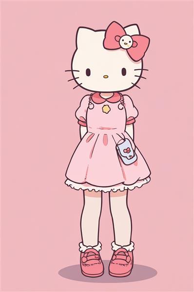 دانلود وکتور هلو کیتی قد بلند با لباس صورتی و کیف کوچک (مناسب پوستر عمودی)