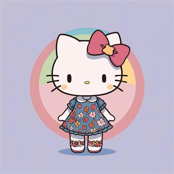 وکتور اورجینال هلو کیتی با پیراهن گلدار آبی و بک‌گراند رنگین‌کمان (مناسب چاپ)