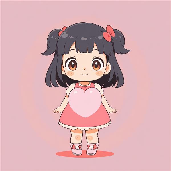 وکتور دختر انیمه چیبی با موی مشکی دم‌اسبی و قلب بزرگ روی سینه