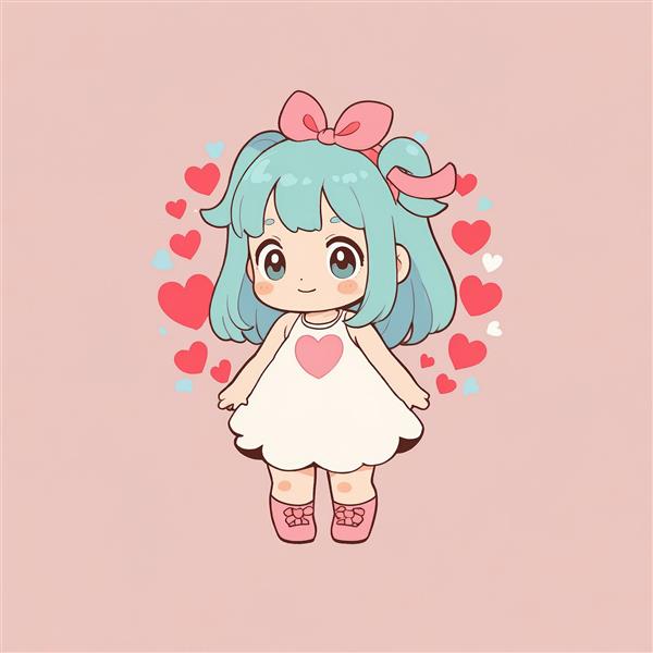 طرح فانتزی دختر چیبی در حلقه قلب با موی آبی و لباس سفید