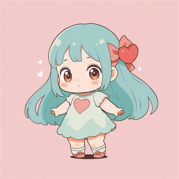 وکتور دخترک چیبی تپل با موی فیروزه‌ای، پاپیون قلبی و لباس ساده