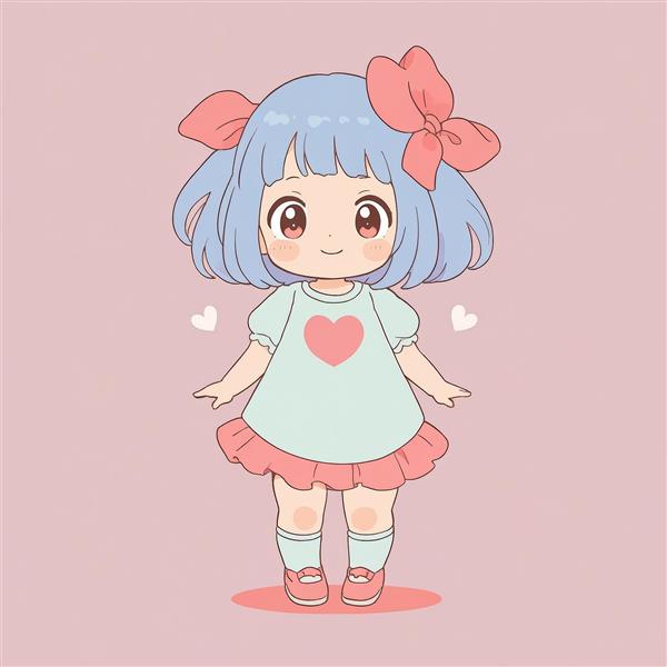 تصویر اورجینال دختر انیمه چیبی با موی کوتاه و پاپیون بزرگ صورتی (مناسب پوستر)