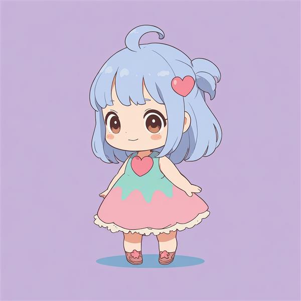 دانلود وکتور دخترک چیبی با موی بنفش آبی و لباس صورتی موج‌دار (بک‌گراند بنفش)