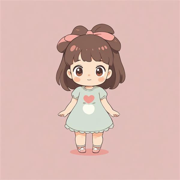 طرح گرافیکی عروسک چیبی با موی قهوه‌ای، پاپیون بزرگ و لباس سبز روشن