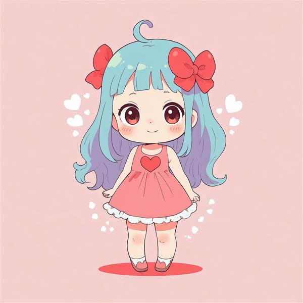تصویر اورجینال دختر انیمه چیبی با موی آبی فانتزی و پیراهن صورتی (مناسب دکوراتیو)