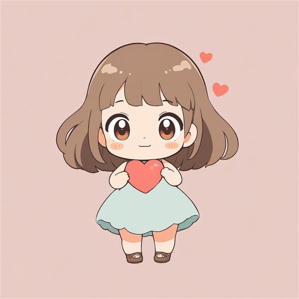طرح زیبا دخترک انیمه‌ای مو قهوه‌ای با قلب بزرگ در دست (مناسب تابلو)