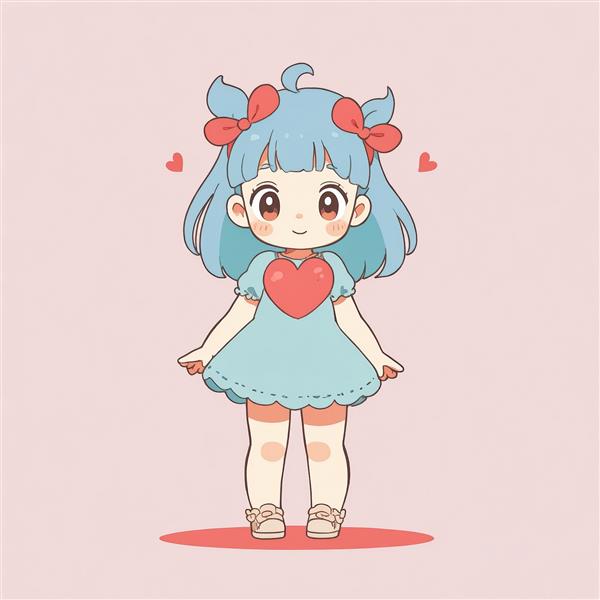 تصویر جذاب دختر کارتونی با موی آبی، دو پاپیون و قلب روی لباس