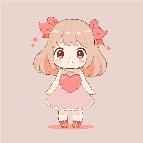 وکتور دختر کوچک چیبی با موی صورتی و روبان بزرگ و قلب برجسته