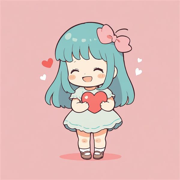 وکتور عروسک کیوت انیمه‌ای با موی آبی و قلب قرمز در دست