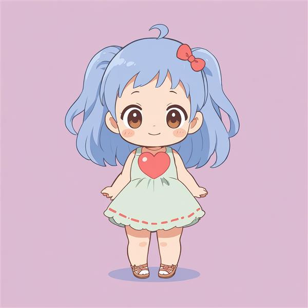 تصویر اورجینال دختر انیمه چیبی با موهای آبی دم‌اسبی و لباس سبز روشن