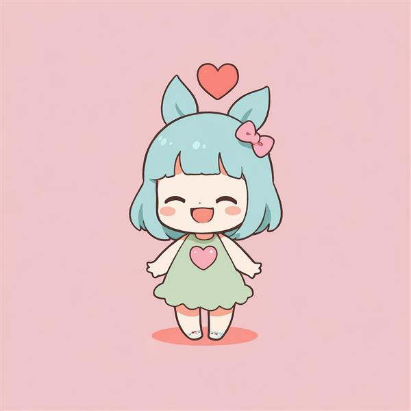 طرح مینیمال دختر چیبی خندان با گوش‌های خرگوشی و پاپیون صورتی