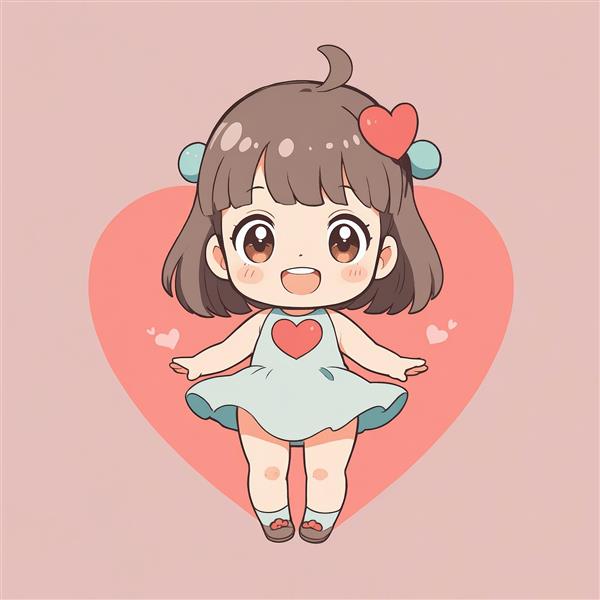 طرح گرافیکی عروسک انیمه‌ای کوچک (کیوت) با بک‌گراند قلب صورتی بزرگ