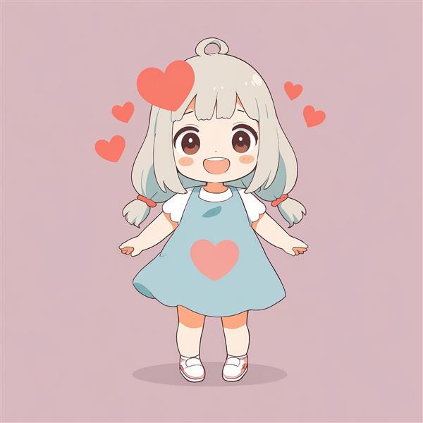 تصویر اورجینال دخترک چیبی خندان با موی روشن و قلب بزرگ (برای پوستر)