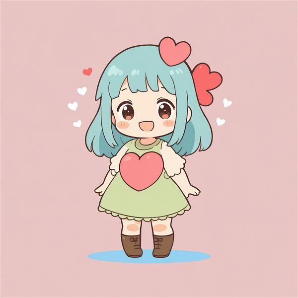 تابلو دختر چیبی با پیراهن سبز و قلب بزرگ