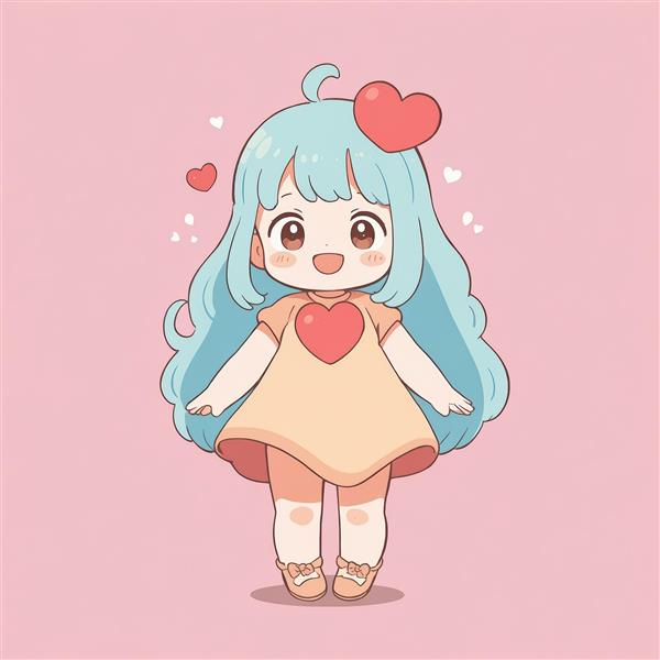 پوستر دختر چیبی با موهای بلند آبی و قلب