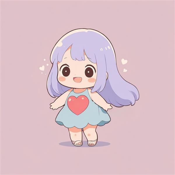 تابلو فانتزی دختر چیبی با موی بنفش و قلب صورتی