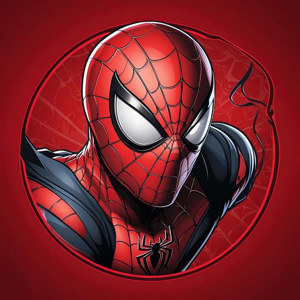 تصویر پرتره اسپایدرمن کلاسیک، طرح اکشن با پس‌زمینه قرمز و تار عنکبوت برای پوستر