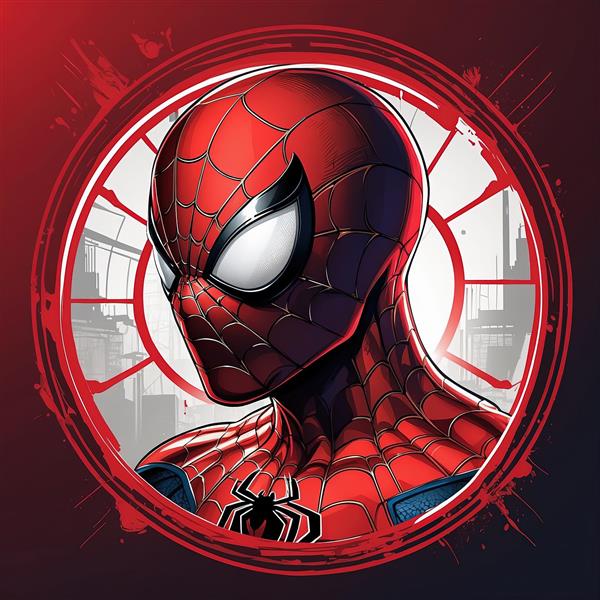 پرتره اسپایدرمن در نمای جانبی با قاب قرمز، طرح باکیفیت از پس‌زمینه شهر نیویورک