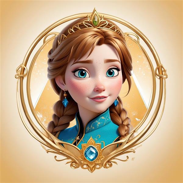 تصویر پرتره آنا با چشمان آبی در قاب طلایی، کیفیت بالا برای محصولات دکوراتیو