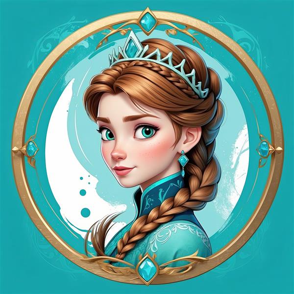 طرح پرتره آنا با تاج نقره‌ای و قاب طلایی فیروزه‌ای، عکس دکوراتیو با کیفیت بالا