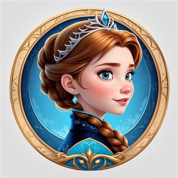 پرتره آنا با تاج نقره‌ای و گوشواره آویز در قاب طلایی آبی، عکس با رزولوشن بالا برای دکور