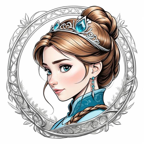 طرح خطی و رنگی آنا با تاج در قاب نقره‌ای، مناسب برای رنگ‌آمیزی و چاپ با کیفیت بالا