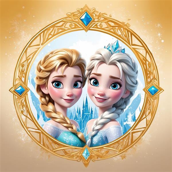 تصویر دو نفره السا و آنا در قاب طلایی، پرتره خواهران فروزن، طرح عالی برای پوستر کودک