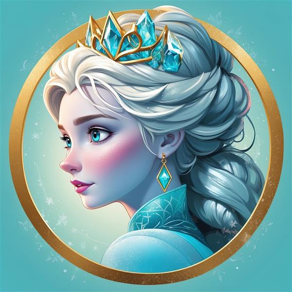 طرح پرتره السا با تاج طلایی و فیروزه‌ای، عکس باکیفیت برای چاپ عریض و محصولات دکوراتیو