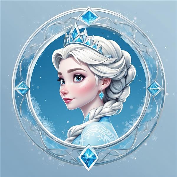 پرتره السا ملکه یخی با موهای بافته شده، تصویرسازی دیجیتال با قاب کریستال آبی