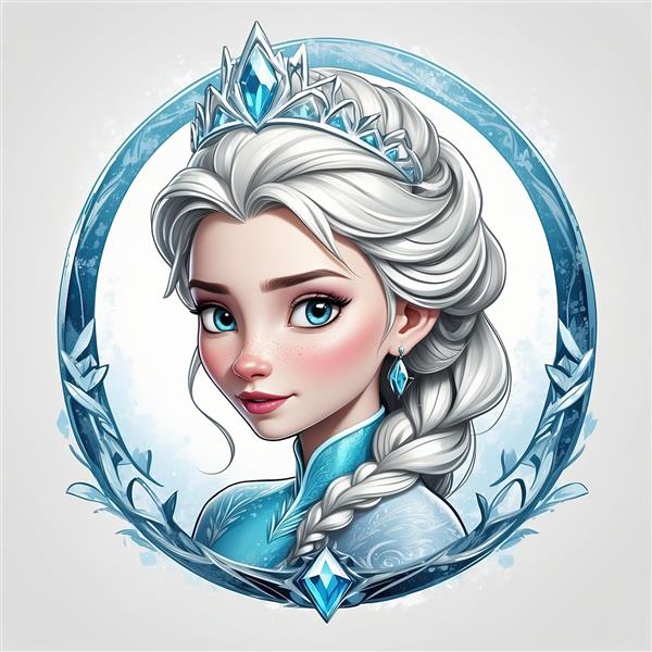 تصویر پروفایل السا با موهای بافته، ملکه برفی در قاب یخی آبی، طرح پوستر اتاق کودک