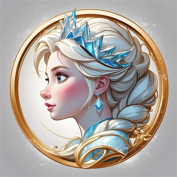 پرتره جذاب السا با تاج کریستالی یخی در قاب طلایی، تصویرسازی باکیفیت برای تابلو