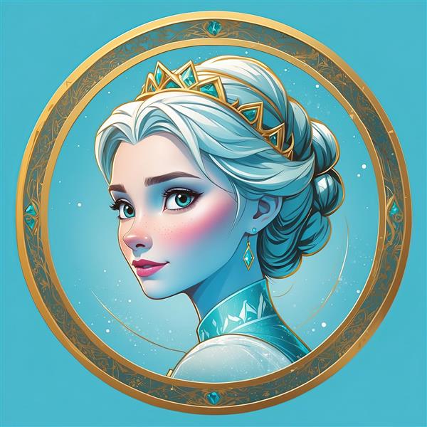 پرتره نیمرخ السا با تاج طلایی و حاشیه دایره‌ای، طرح باکیفیت با رنگ‌های آبی و طلایی