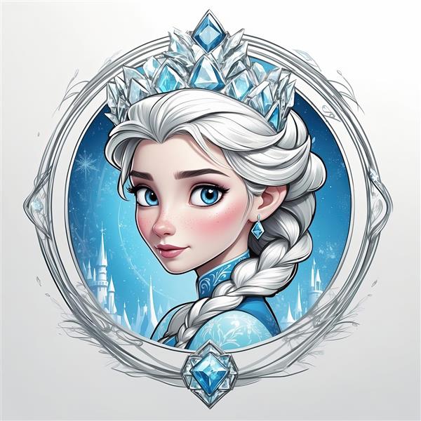 پرتره السا با تاج الماس و قاب نقره‌ای، تصویر باکیفیت مناسب برای چاپ روی بوم