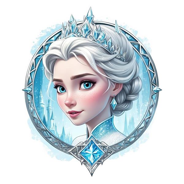 پرتره السا با تاج یخین و پس‌زمینه قلعه آرندل، طرح دایره‌ای با قاب نقره‌ای کریستالی