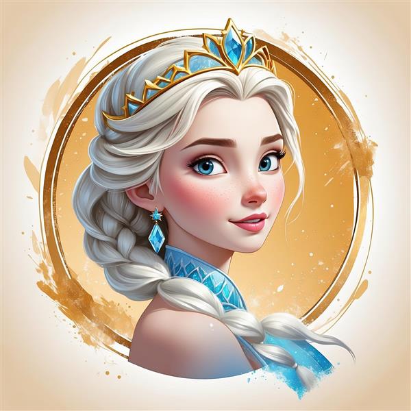 پرتره السا با تاج طلایی و حاشیه آبرنگی، تصویر باکیفیت و روشن برای دکوراسیون