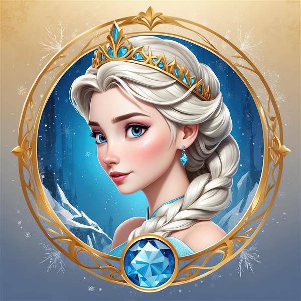 پرتره السا با تاج طلایی و الماس بزرگ آبی، طرح دایره‌ای با تم شب برفی برای چاپ