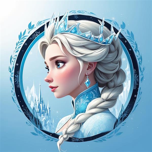 پرتره نیمرخ السا با پس‌زمینه قلعه یخی در قاب دایره‌ای، تصویر باکیفیت برای تابلو