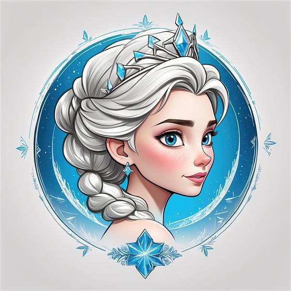پرتره السا با تاج کریستالی و حاشیه برفی دایره‌ای، طرح اورجینال با تم سفید و آبی