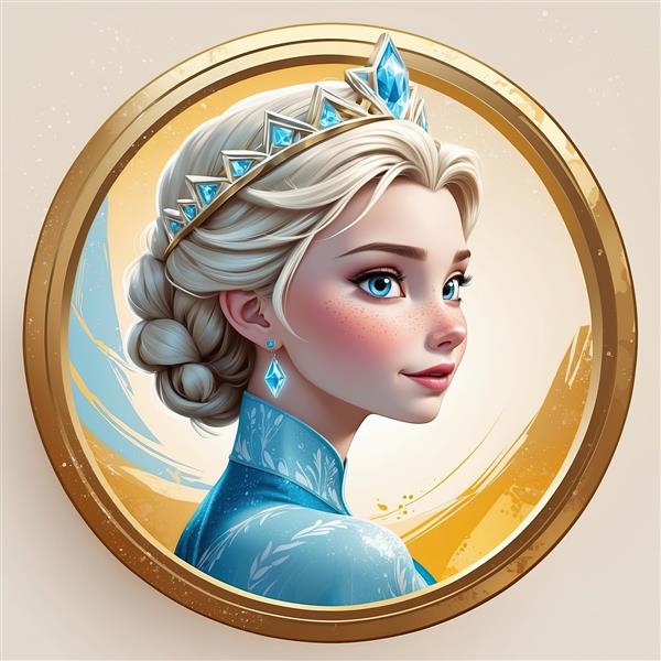 پرتره نیمرخ السا با تاج فیروزه‌ای و قاب طلایی، طرح باکیفیت برای چاپ دکوراتیو فروزن