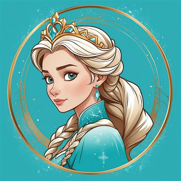 پرتره السا در لباس آبی فیروزه‌ای و تاج طلایی، طرح دایره‌ای شیک و باکیفیت فروزن